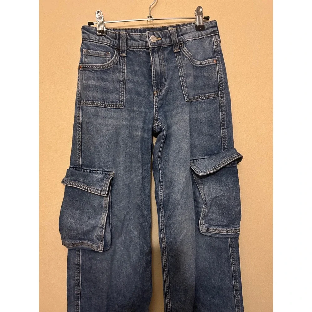 H&M Cargo Jeans Kids Size 14 Blue Excellent Wide Leg Low Waist Utilitarian Denim